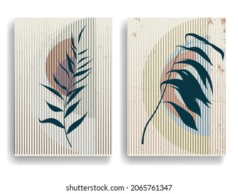 Papel moderno con elementos de diseño minimalista. Arte botánico. Antecedentes al estilo Boho . Arte mural, deco doméstico. Afiches contemporáneos con hojas y formas geométricas.Papel de pared abstracto vectorial.