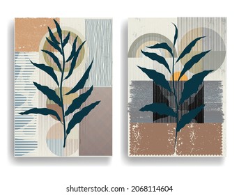 Papel moderno con elementos de diseño minimalista. Arte botánico. Antecedentes al estilo Boho . Arte mural, deco doméstico. Afiches contemporáneos con hojas y formas geométricas.Papel de pared abstracto vectorial.
