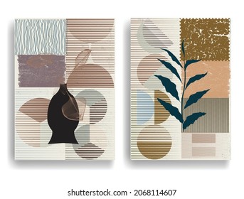 Modern wallpaper with minimalist design elements . Botanical art. Backgrounds in Boho style  . Wall art , home deco . Contemporary posters with leaves and geometric shapes .Vector abstract wallpaper.