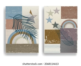 Papel moderno con elementos de diseño minimalista. Arte botánico. Antecedentes al estilo Boho . Arte mural, deco doméstico. Afiches contemporáneos con hojas y formas geométricas.Papel de pared abstracto vectorial.