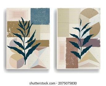 Modern wallpaper with minimalist design elements . Botanical art. Backgrounds in Boho style  . Wall art , home deco . Contemporary posters with leaves and geometric shapes .Vector abstract wallpaper.