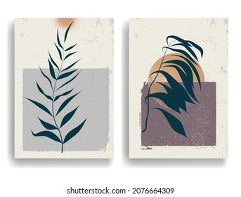 Modern wallpaper with minimalist design elements . Botanical art. Backgrounds in Boho style  . Wall art , home deco . Contemporary posters with leaves and geometric shapes .Vector abstract wallpaper.