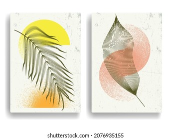 Papel moderno con elementos de diseño minimalista. Arte botánico. Antecedentes al estilo Boho . Arte mural, deco doméstico. Afiches contemporáneos con hojas y formas geométricas.Papel de pared abstracto vectorial.