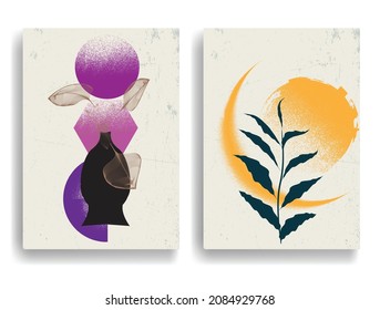 Papel moderno con elementos de diseño minimalista. Arte botánico. Antecedentes al estilo Boho . Arte mural, deco doméstico. Afiches contemporáneos con hojas y formas geométricas.Papel de pared abstracto vectorial.