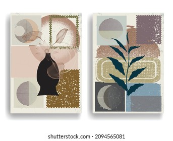 Modern wallpaper with minimalist design elements . Botanical art. Backgrounds in Boho style  . Wall art , home deco . Contemporary posters with leaves and geometric shapes .Vector abstract wallpaper.