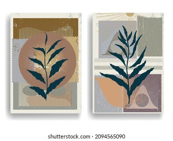 Modern wallpaper with minimalist design elements . Botanical art. Backgrounds in Boho style  . Wall art , home deco . Contemporary posters with leaves and geometric shapes .Vector abstract wallpaper.