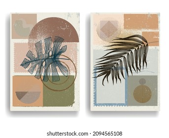 Modern wallpaper with minimalist design elements . Botanical art. Backgrounds in Boho style  . Wall art , home deco . Contemporary posters with leaves and geometric shapes .Vector abstract wallpaper.