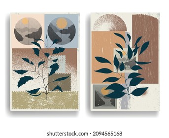 Modern wallpaper with minimalist design elements . Botanical art. Backgrounds in Boho style  . Wall art , home deco . Contemporary posters with leaves and geometric shapes .Vector abstract wallpaper.