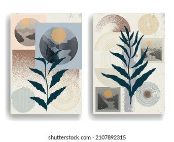 Modern wallpaper with minimalist design elements . Botanical art. Backgrounds in Boho style  . Wall art , home deco . Contemporary posters with leaves and geometric shapes .Vector abstract wallpaper.