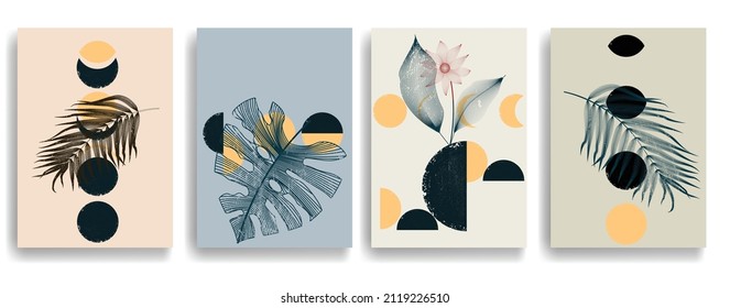 Moderne Tapete mit minimalistischen Design-Elementen. Botanische Kunst. Hintergründe im Boho-Stil. Wall Art , Home Deco . Zeitgenössische Poster mit Blättern und geometrischen Formen .Vektorabstrakte Tapete.