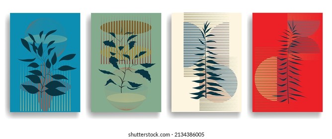 Moderne Tapete mit minimalistischen Design-Elementen. Botanische Kunst. Hintergründe im Boho-Stil. Wall Art , Home Deco . Zeitgenössische Poster mit Blättern und geometrischen Formen .Vektorabstrakte Tapete.