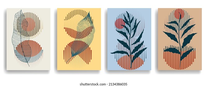 Papel moderno con elementos de diseño minimalista. Arte botánico. Antecedentes al estilo Boho . Arte mural, deco doméstico. Afiches contemporáneos con hojas y formas geométricas.Papel de pared abstracto vectorial.