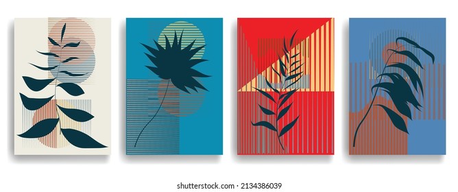 Modern wallpaper with minimalist design elements . Botanical art. Backgrounds in Boho style  . Wall art , home deco . Contemporary posters with leaves and geometric shapes .Vector abstract wallpaper.