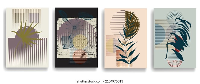 Papel moderno con elementos de diseño minimalista. Arte botánico. Antecedentes al estilo Boho . Arte mural, deco doméstico. Afiches contemporáneos con hojas y formas geométricas.Papel de pared abstracto vectorial.