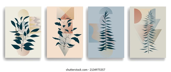 Modern wallpaper with minimalist design elements . Botanical art. Backgrounds in Boho style  . Wall art , home deco . Contemporary posters with leaves and geometric shapes .Vector abstract wallpaper.