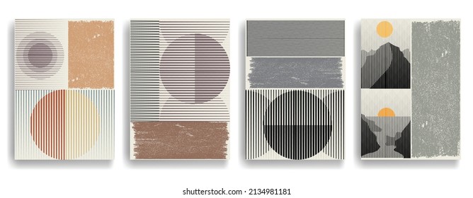 Modern wallpaper with minimalist design elements . Botanical art. Backgrounds in Boho style  . Wall art , home deco . Contemporary posters with leaves and geometric shapes .Vector abstract wallpaper.