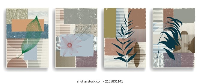 Modern wallpaper with minimalist design elements . Botanical art. Backgrounds in Boho style  . Wall art , home deco . Contemporary posters with leaves and geometric shapes .Vector abstract wallpaper.