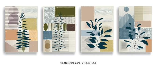 Papel moderno con elementos de diseño minimalista. Arte botánico. Antecedentes al estilo Boho . Arte mural, deco doméstico. Afiches contemporáneos con hojas y formas geométricas.Papel de pared abstracto vectorial.