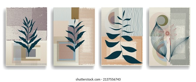 Modern wallpaper with minimalist design elements . Botanical art. Backgrounds in Boho style  . Wall art , home deco . Contemporary posters with leaves and geometric shapes .Vector abstract wallpaper.
