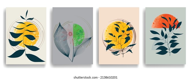 Papel moderno con elementos de diseño minimalista. Arte botánico. Antecedentes al estilo Boho . Arte mural, deco doméstico. Afiches contemporáneos con hojas y formas geométricas.Papel de pared abstracto vectorial.