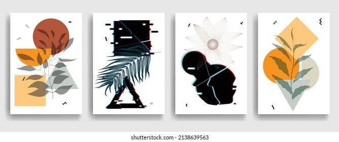 Modern wallpaper with minimalist design elements . Botanical art. Backgrounds in Boho style  . Wall art , home deco . Contemporary posters with leaves and geometric shapes .Vector abstract wallpaper.