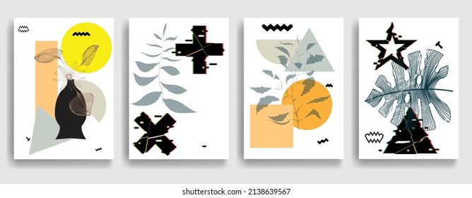Papel moderno con elementos de diseño minimalista. Arte botánico. Antecedentes al estilo Boho . Arte mural, deco doméstico. Afiches contemporáneos con hojas y formas geométricas.Papel de pared abstracto vectorial.