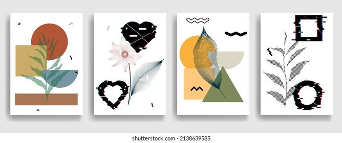 Modern wallpaper with minimalist design elements . Botanical art. Backgrounds in Boho style  . Wall art , home deco . Contemporary posters with leaves and geometric shapes .Vector abstract wallpaper.