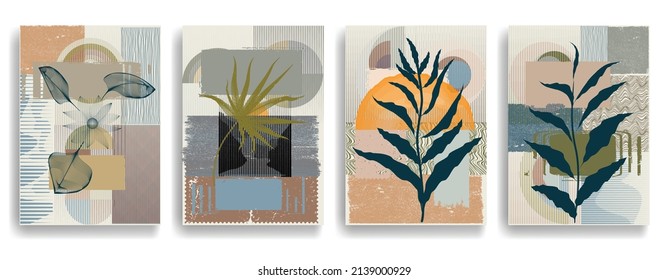 Modern wallpaper with minimalist design elements . Botanical art. Backgrounds in Boho style  . Wall art , home deco . Contemporary posters with leaves and geometric shapes .Vector abstract wallpaper.