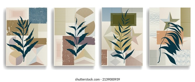 Modern wallpaper with minimalist design elements . Botanical art. Backgrounds in Boho style  . Wall art , home deco . Contemporary posters with leaves and geometric shapes .Vector abstract wallpaper.