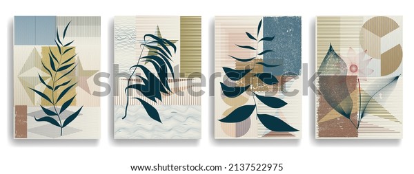 Modern wallpaper with minimalist design elements. Botanical art. Backgrounds in Boho style. Wall art, home deco . Contemporary posters with leaves and geometric shapes .Vector abstract wallpaper.