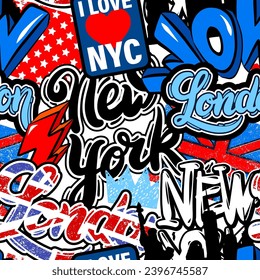 Modern wallpaper with stickers and patches, graffiti and grunge elements. Street art style illustration. New York, London city pattern