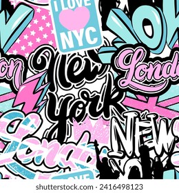 Modern wallpaper with stickers and patches, graffiti and grunge elements. Street art style illustration. New York, London city pattern