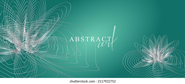 Modern wallpaper, turquoise silver background and luxurious flowers. Artistic design lines. Luxurious lotus flower design, silver on turquoise background for wedding invitations, posters, packaging.