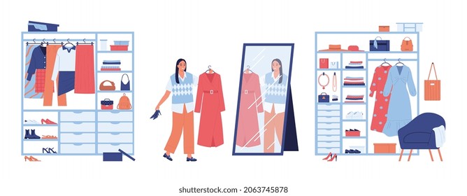 Modern wardrobe flat set with trendy clothes and accessories on shelves and happy woman going to try on long dress and shoes isolated vector illustration