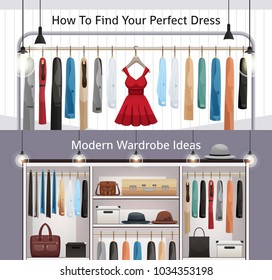 Modern wardrobe organization 2 realistic horizontal banners with dresses hanging rail and adjustable shelves isolated vector illustration 