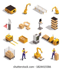 Modern warehouse automated system elements isometric set with robotic arm conveyor storage tracking software isolated vector illustration 