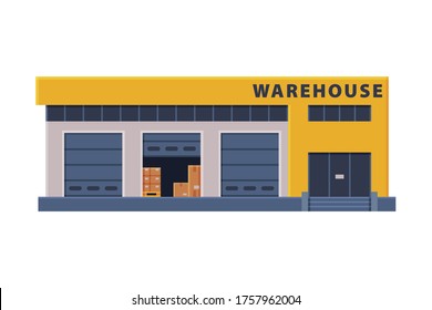 Modern Warehouse Building, Industrial Construction Flat Style Vector Illustration on White Background
