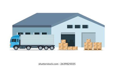 Modern warehouse building isolated on white background. Truck and with boxes. Warehouse and logistic management. Vector stock