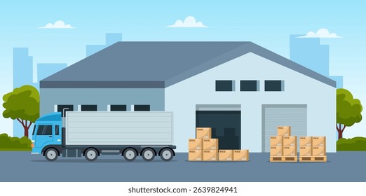 Modern warehouse building scene in flat style. Truck and with boxes. Warehouse and logistic management. Vector stock