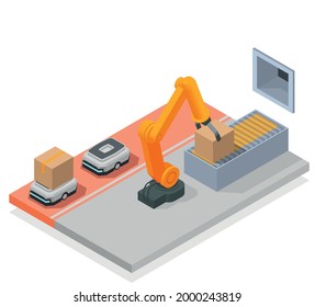 Modern warehouse colored isometric composition automated room in the warehouse with robotic arm and trucking vector illustration