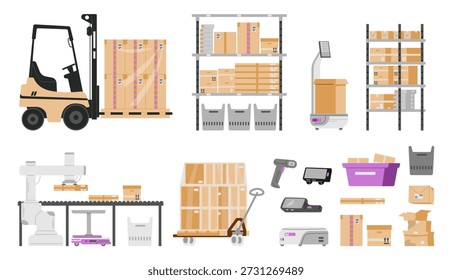 Modern warehouse equipment and robots flat vector illustrations set isolated on white. Forklift, racks with boxes and parcels, laser scanners, robots, conveyor belt, damaged boxes, containers.