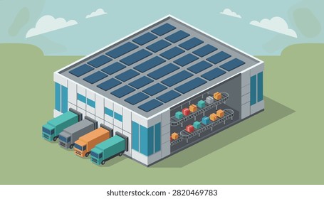 Modern warehouse facility features solar panels on the roof and automated conveyor belts inside with loading trucks outside.