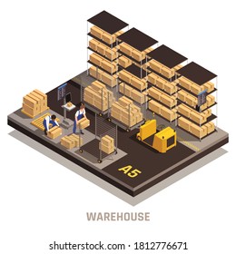 Modern warehouse facility operating process isometric compositions with cargo delivery tracking loading placing storage system vector illustration 