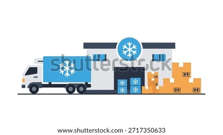 A modern warehouse featuring cold storage units, a delivery truck, neatly stacked boxes, and a secure entrance, representing logistics and distribution operations for efficient supply chain