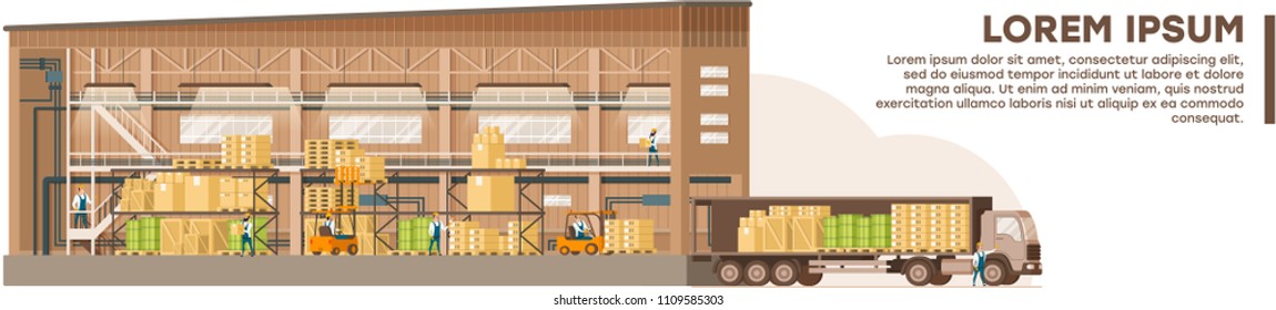 Pancarta moderna de vectores planos de almacén con texto de ejemplo. Trabajadores doblando cajas en racks de almacenamiento, cargando productos empaquetados en Coche de carga de Big Warehouse Hangar. Entrega de flete y paquetes comerciales