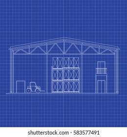 Modern warehouse with forklift. Cross-section storage. Vector blueprint. Architectural background.