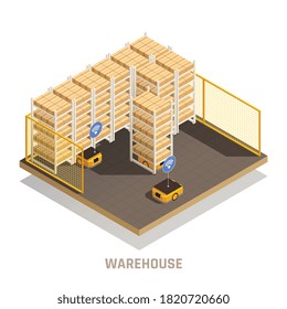 Modern warehouse fully automated computer controlled robotic equipment for cargo storage tracking distribution isometric composition vector illustration  