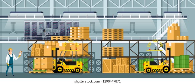 Modern Warehouse Indoor Space with Goods on Shelf. Manufacturing Storage with Computer Control Logistic, Automatic Forklift Car and Professional Worker. Smart Factory. Flat Cartoon Vector Illustration