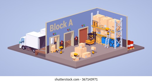 Modern Warehouse Interior. 3D Lowpoly Isometric Vector Concept Illustration