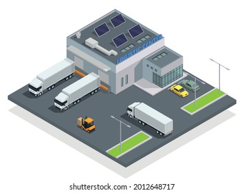 Modern warehouse isometric and colored composition loading and unloading of trucks in the warehouse vector illustration